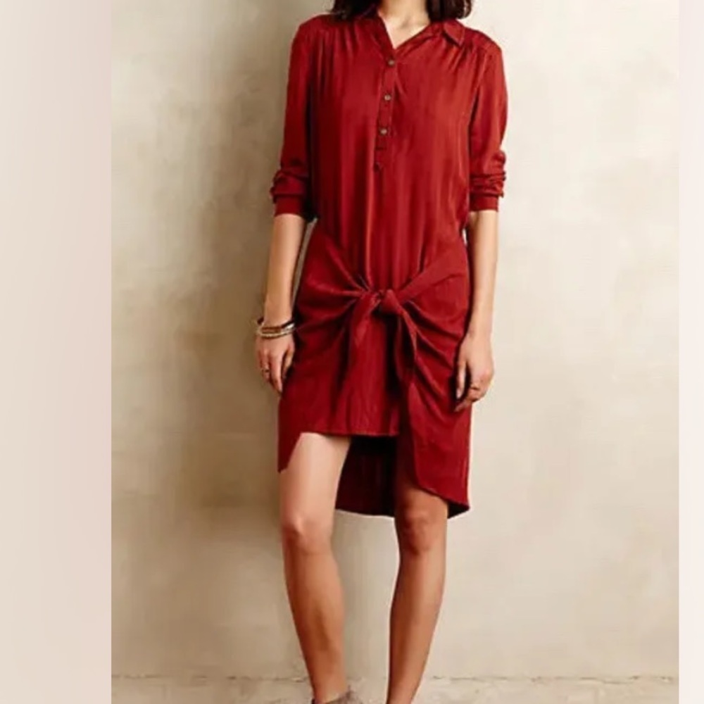 Anthropologie Maeve Bloomsbury Red Tie Front Shirtdress Size 10